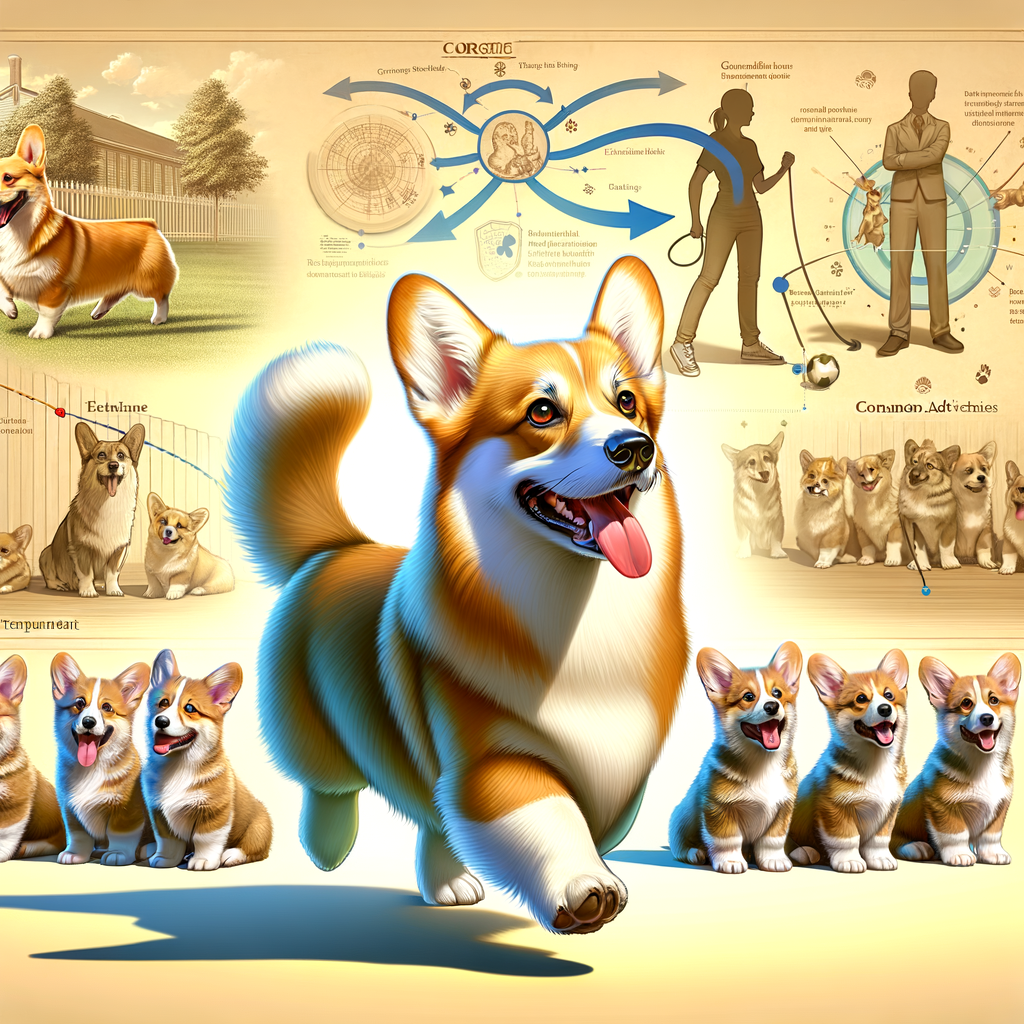 Happy Corgi dog showcasing breed characteristics and temperament during training, with a visual timeline of Corgi breed history, care guide, health issues, and adorable Corgi puppies in the background, symbolizing the loving nature of these short-legged dogs.
