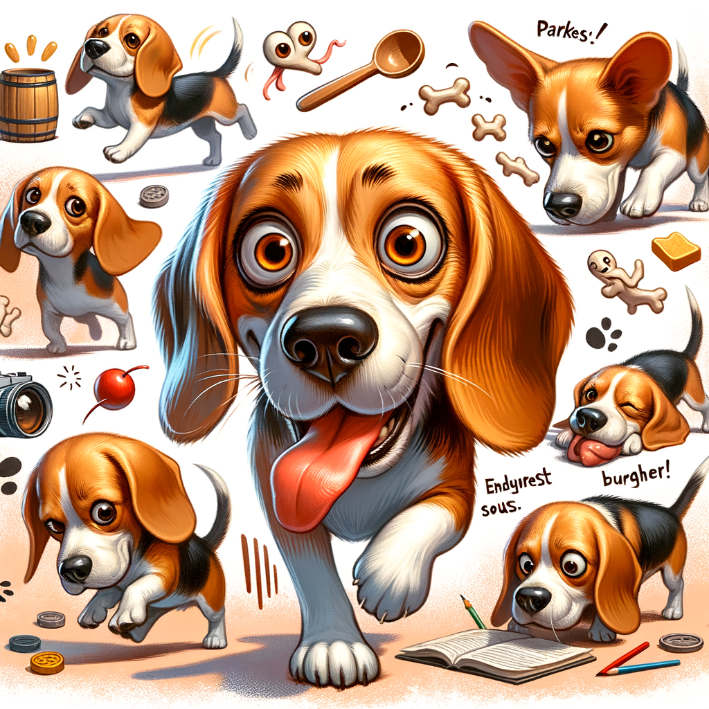 Playful Beagle engaging in typical Beagle antics, showcasing Beagle behavior through exploration, mischief, and adventures, illustrating funny Beagle stories.