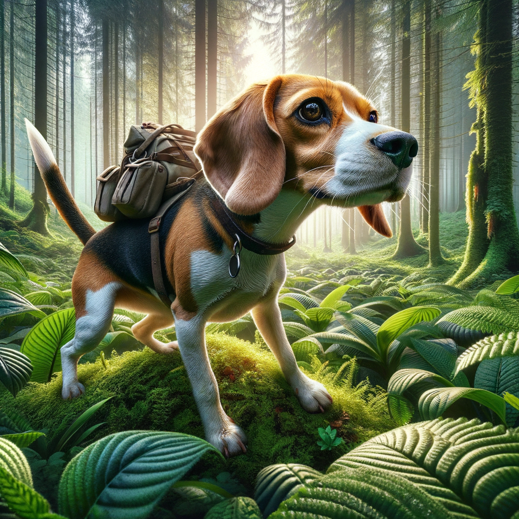 Playful Beagle mid-adventure in a forest, showcasing typical Beagle behavior and curiosity, perfect for funny Beagle stories and adventurous Beagle antics.
