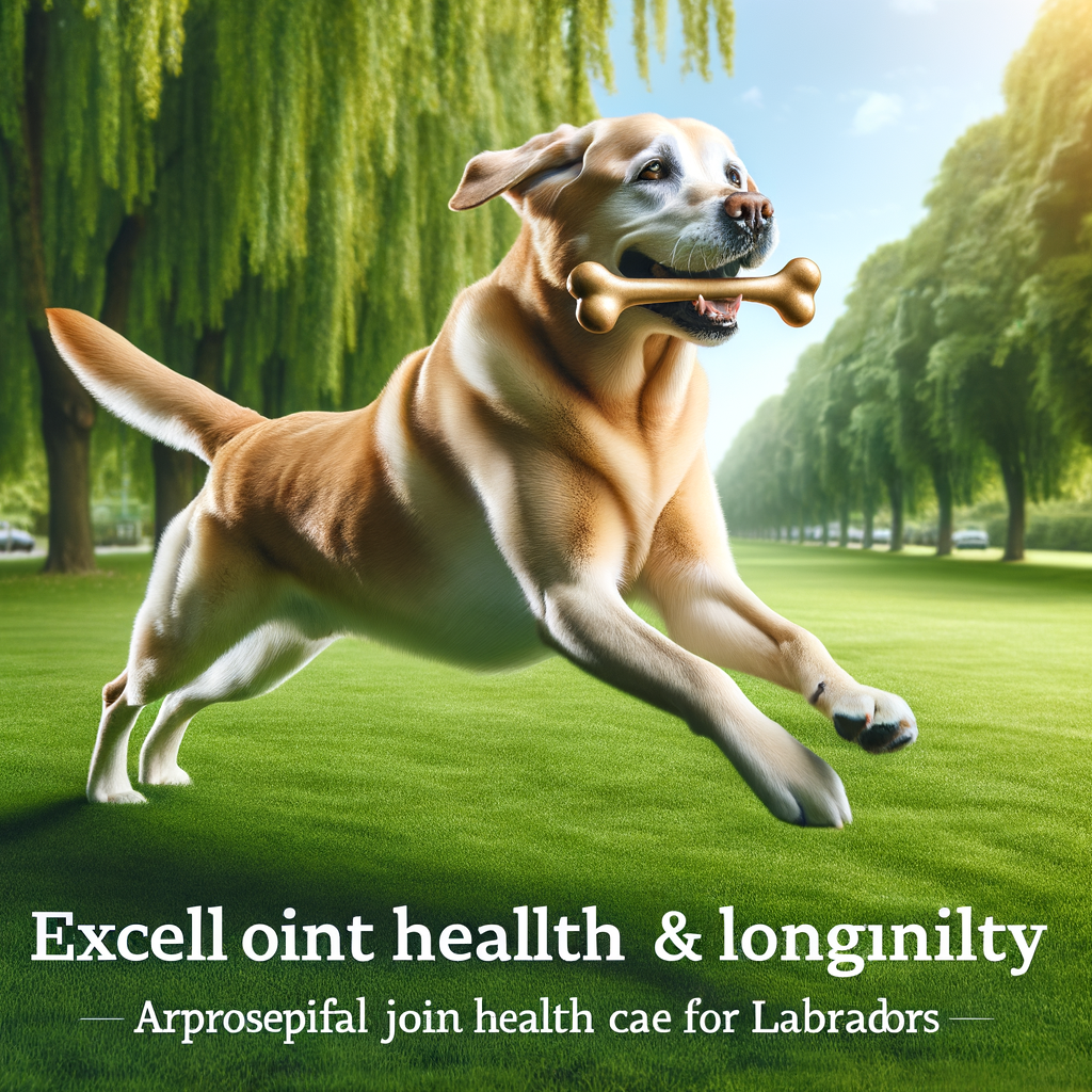 Vibrant Labrador Retriever showcasing excellent joint health while playing fetch in a park, a testament to effective Labrador health care and longevity tips.