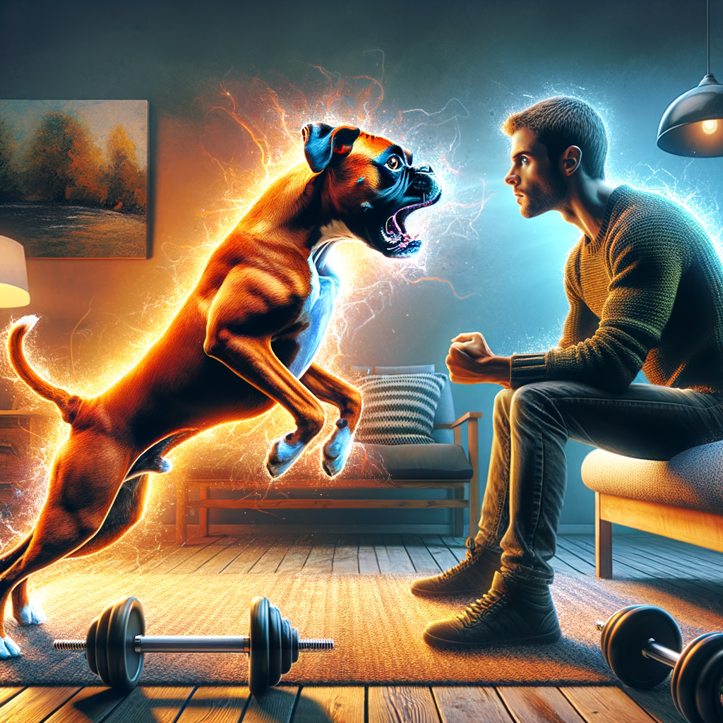 Playful Boxer dog showcasing energetic breed characteristics, loyalty, and companionship during a home training session, illustrating caring for Boxer dogs as pets and understanding Boxer dog behavior.