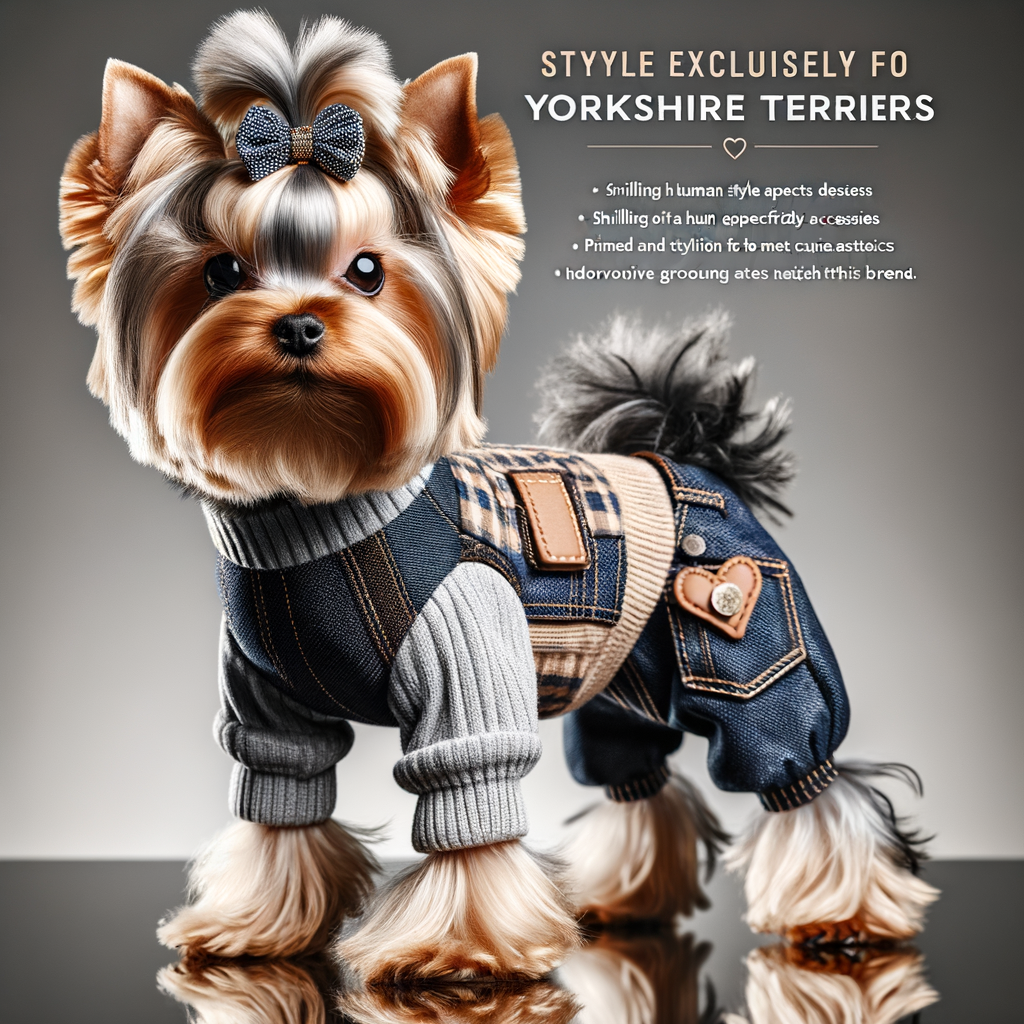 Stylish Yorkshire Terrier in a chic tiny breed fashion outfit, showcasing Yorkshire Terrier clothing, accessories, and unique grooming style for small dog fashion tips.