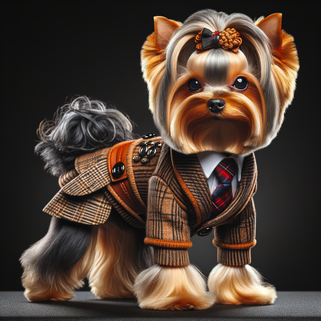 Yorkshire Terrier in fashionable outfit showcasing tiny breed fashion trends, Yorkshire Terrier style, clothing, accessories, and grooming style for styling tips.
