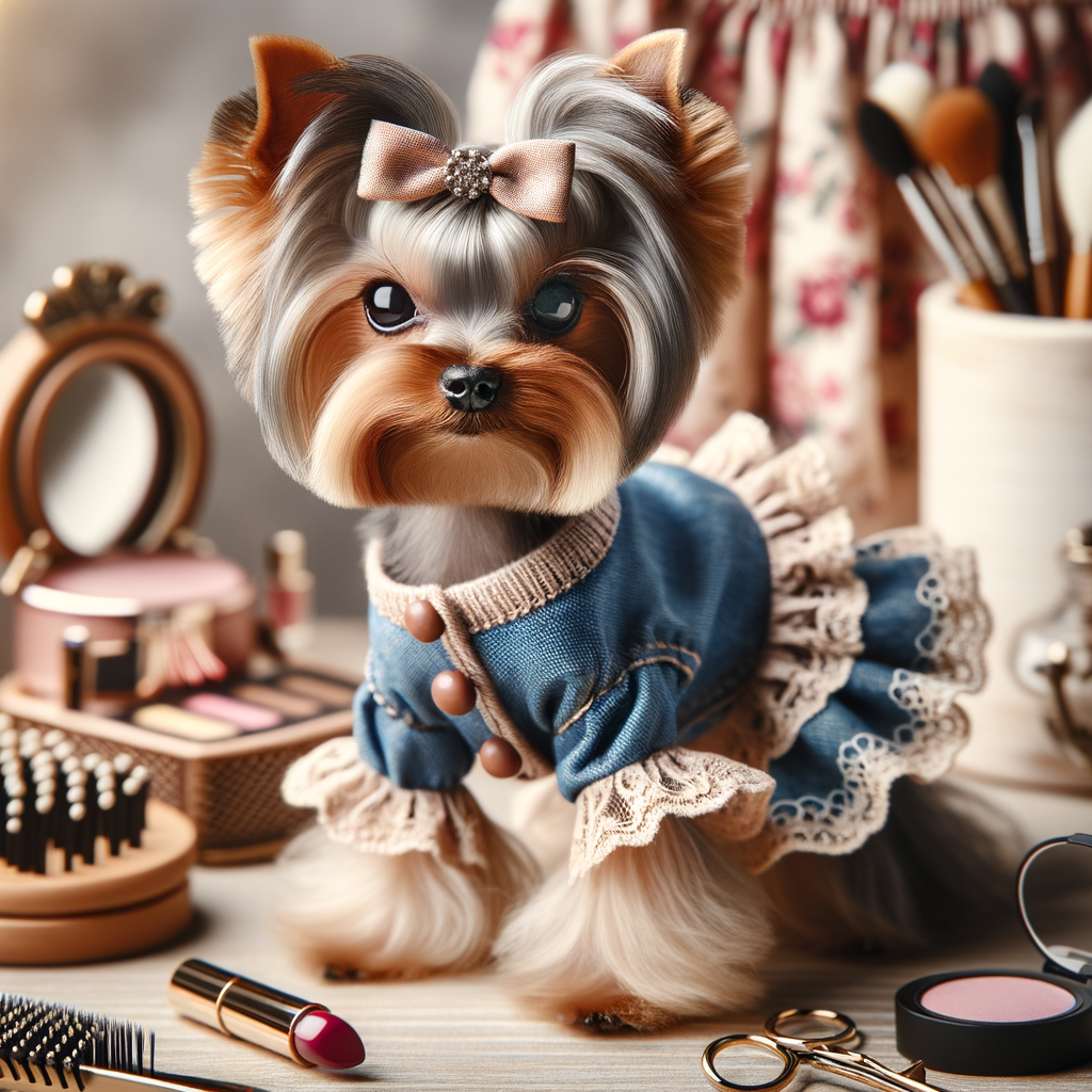 Yorkshire Terrier in stylish outfit showcasing the latest in tiny breed fashion trends, providing styling tips and highlighting trendy Yorkshire Terrier clothing and accessories for small dog fashion enthusiasts.