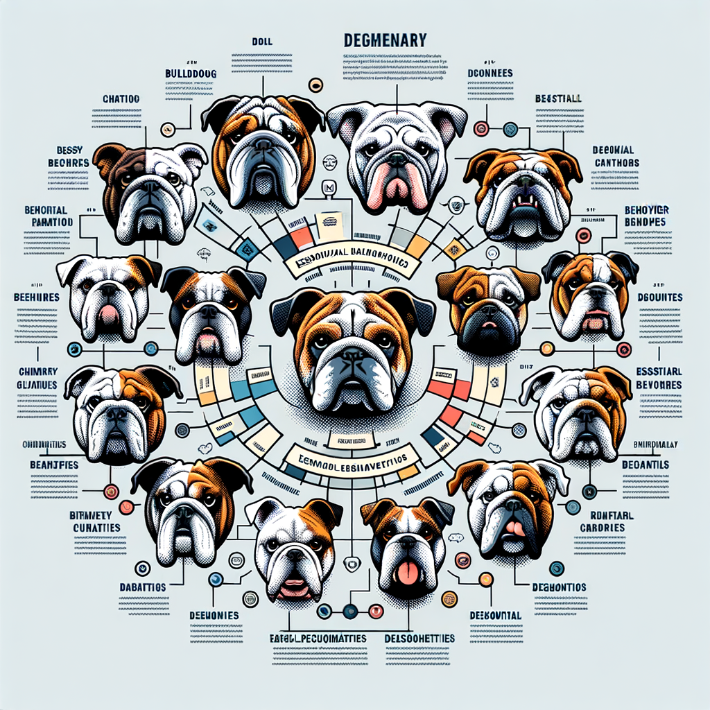 Infographic illustrating different Bulldog breeds, their unique personalities and behavior basics for a better understanding of Bulldog breeds.
