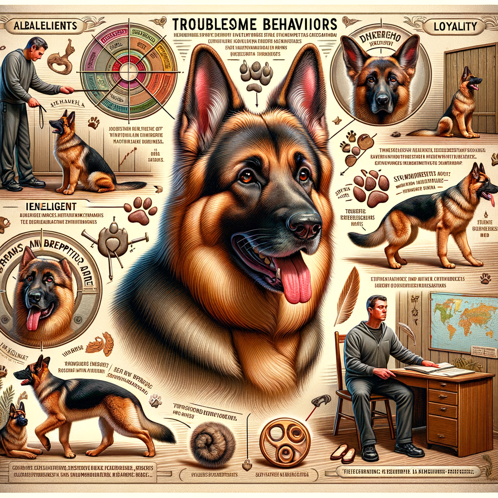 German Shepherd showcasing unique behaviors and personality traits, highlighting alertness, loyalty, and intelligence, with subtle hints at behavior problems and training elements, perfect for understanding German Shepherd quirks and breed information.