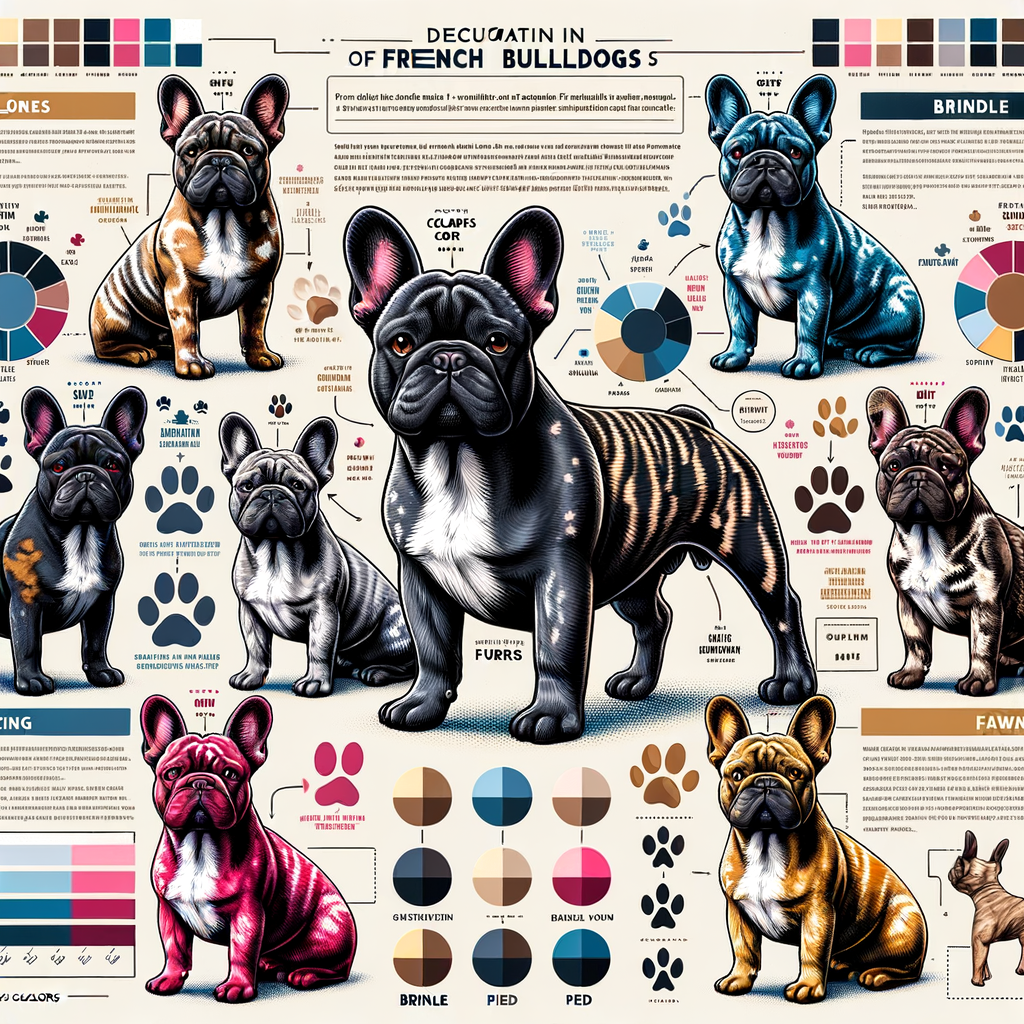 Infographic explaining French Bulldog coat colors, fur types, breed information, coat genetics, and care tips for understanding French Bulldog coat variations and patterns.