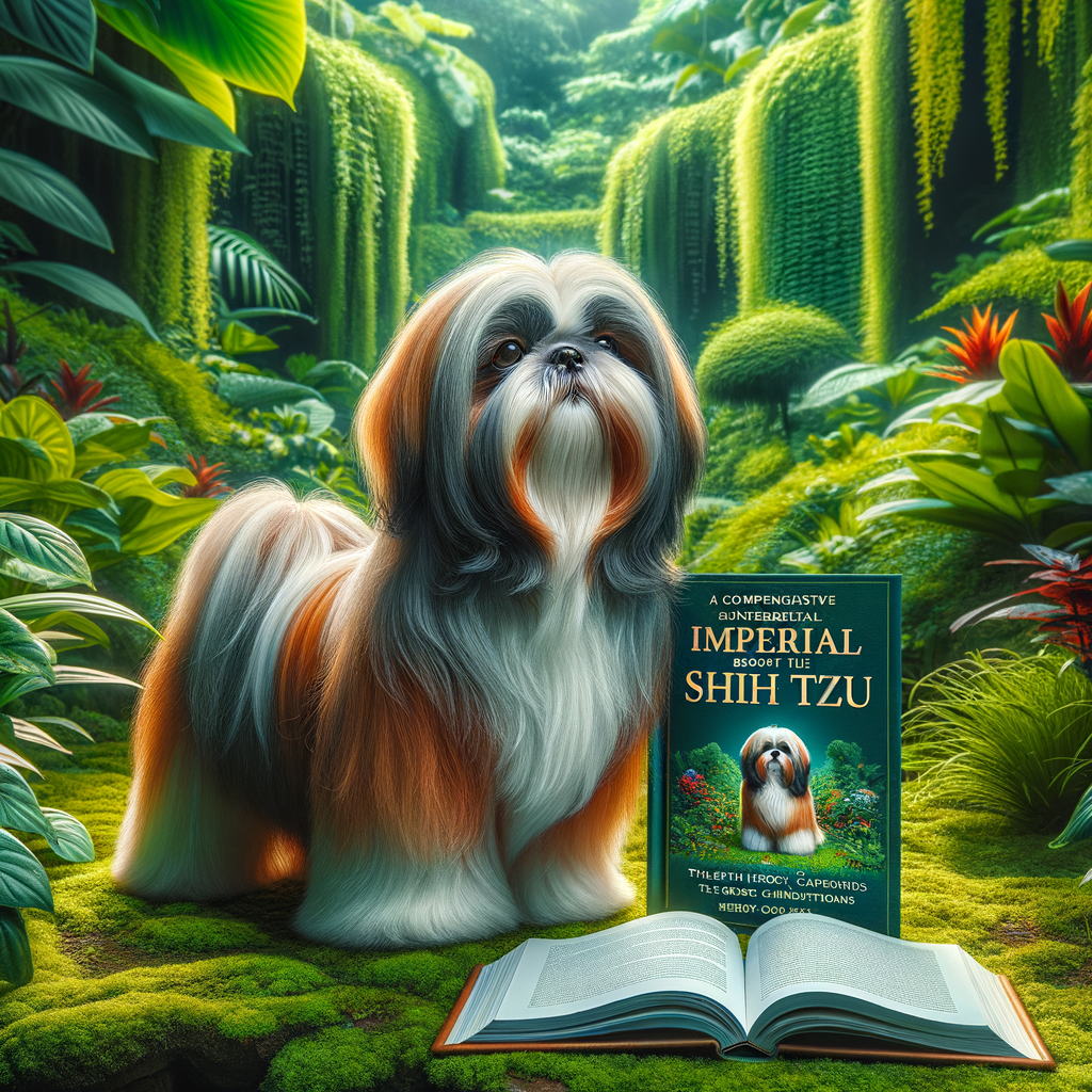 Imperial Shih Tzu standing in a garden with a guidebook revealing Shih Tzu breed characteristics, history, and secrets for understanding the Shih Tzu breed.