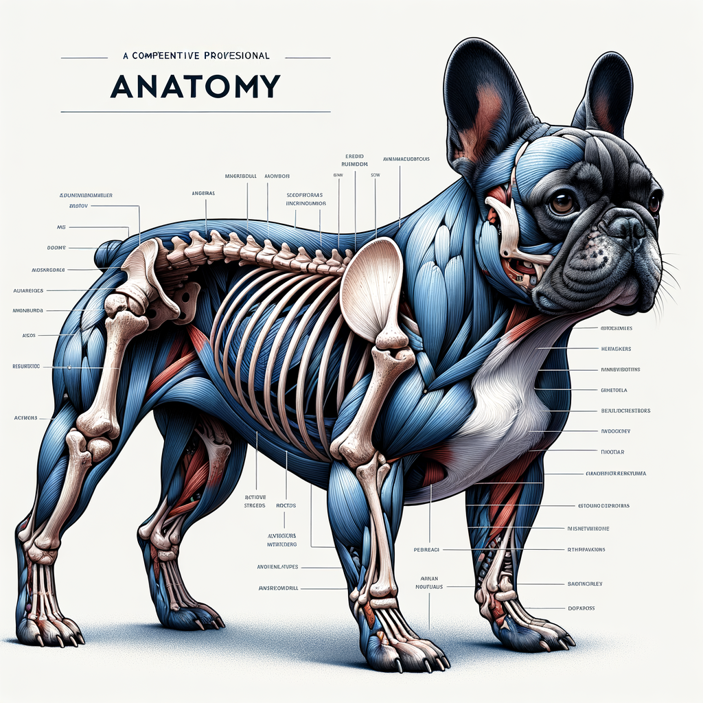 Professional illustration showcasing French Bulldog structure, physique, and body shape, with labeled skeletal and muscular systems for a comprehensive understanding of French Bulldog anatomy.