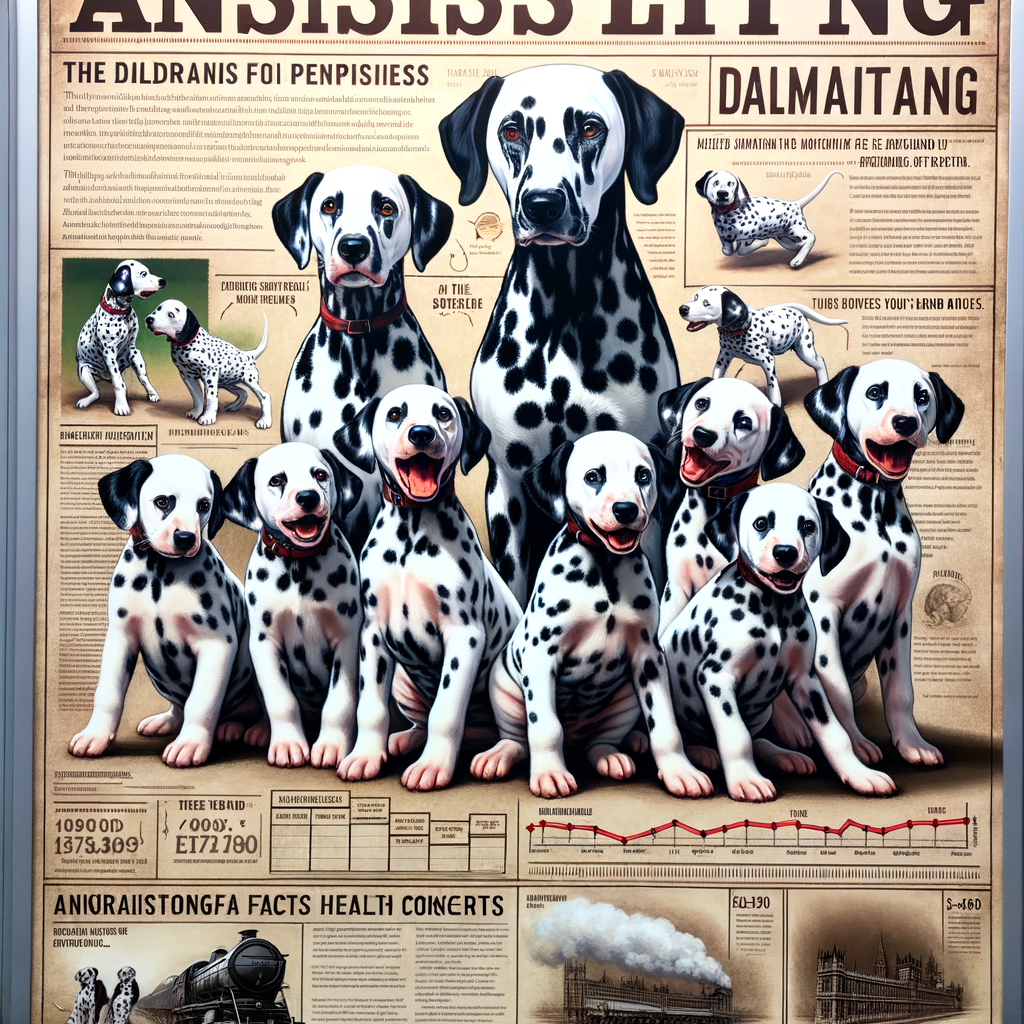 Dalmatian puppies showcasing spots and unique traits, with a timeline chart of Dalmatians breed history, surprising facts about Dalmatians personality, health issues, and training tips in the background