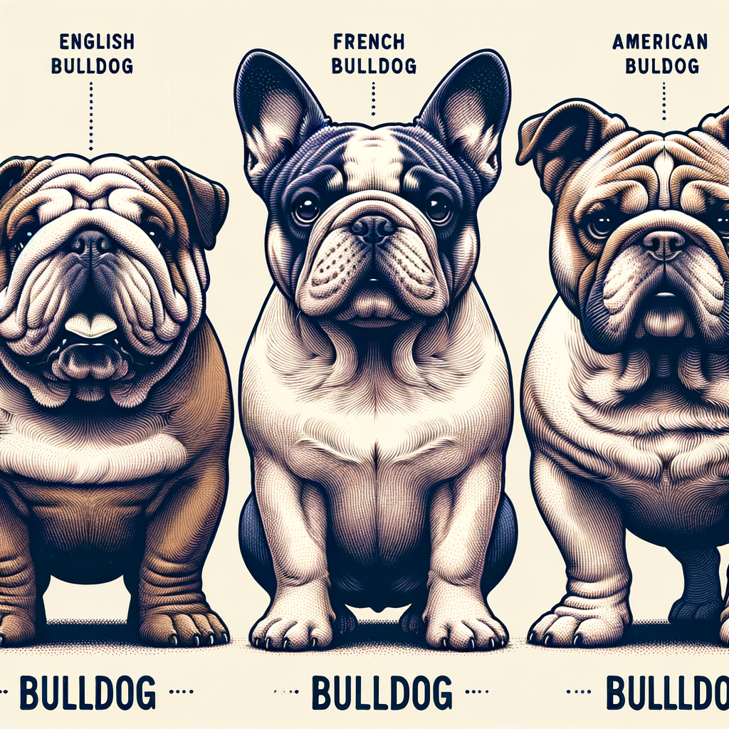 Visual guide illustrating different Bulldog breeds including English, French, and American, highlighting their unique breed characteristics and differences for easy understanding and exploration of Bulldog varieties.