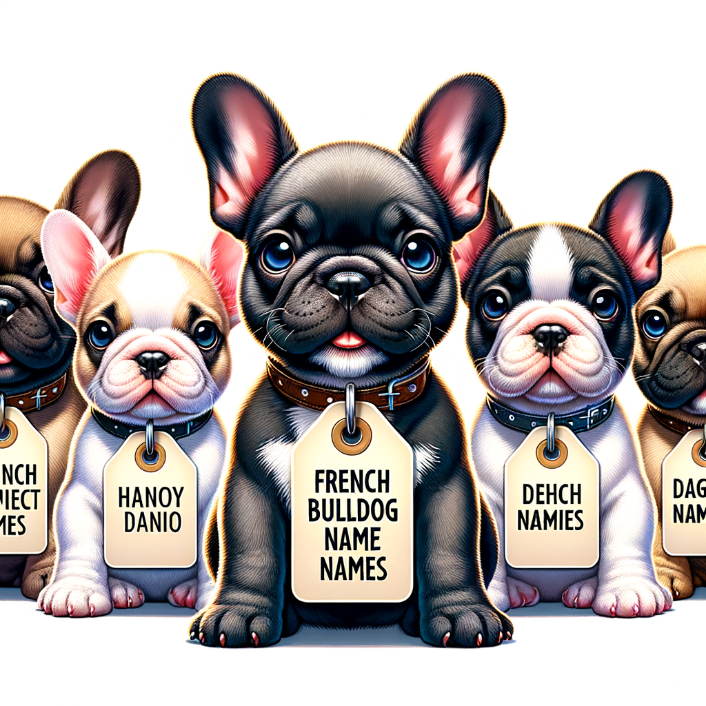 Variety of cute and unique French Bulldogs with popular name tags, showcasing perfect French Bulldog name ideas for naming a French Bulldog puppy.