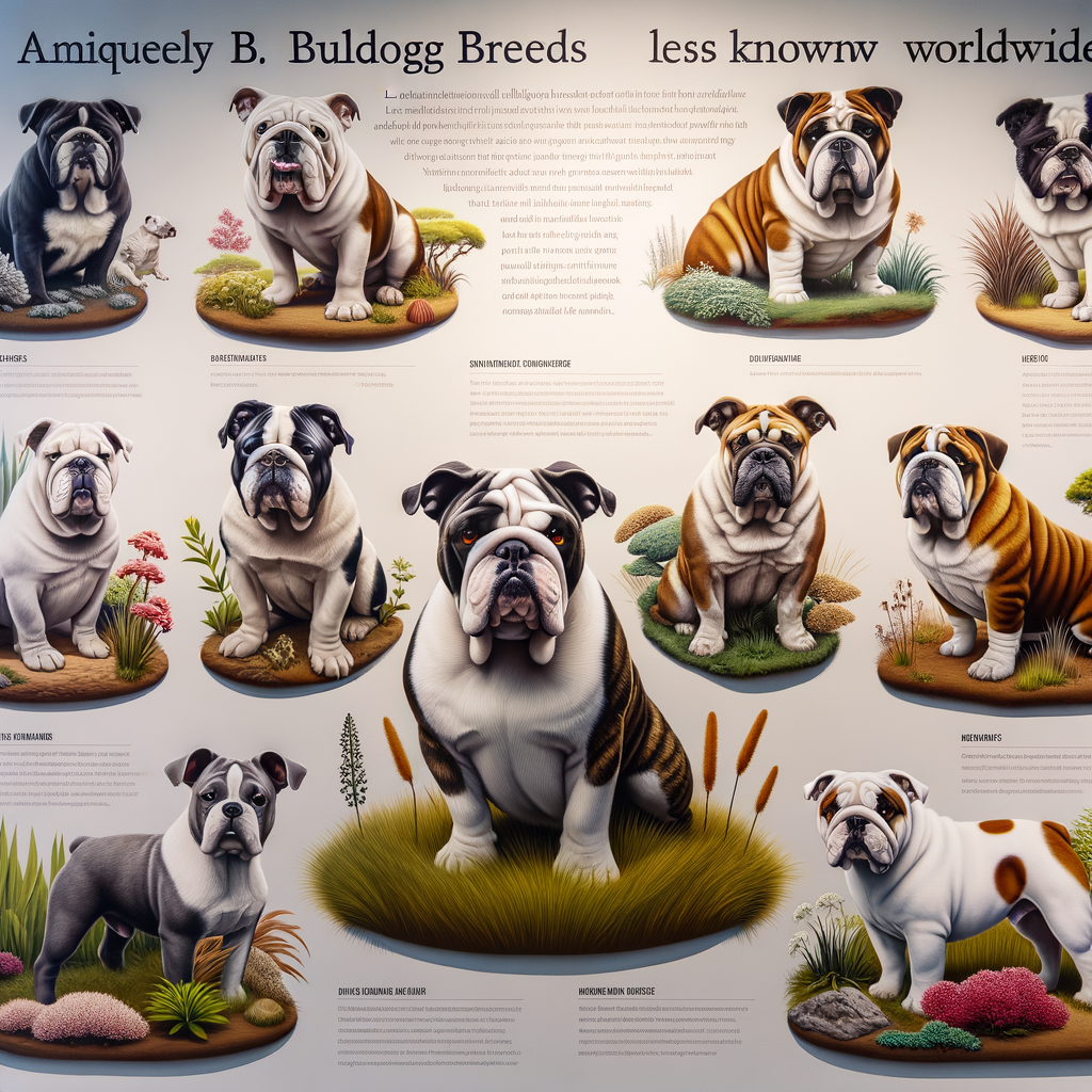 Collage of rare Bulldog breeds from around the world, showcasing the unique characteristics of lesser-known Bulldog varieties in their native environments.