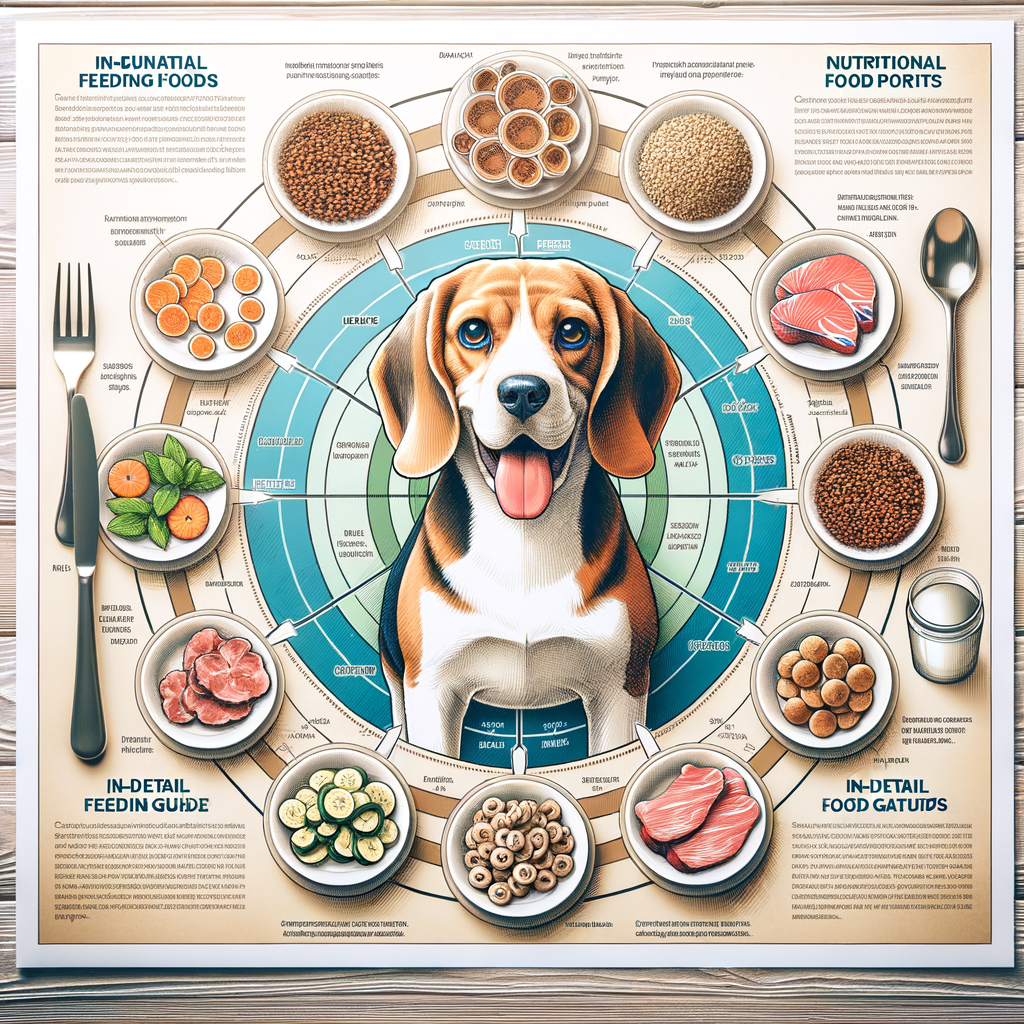 Comprehensive diagram illustrating Beagle diet, Beagle food requirements, nutritional needs of Beagles, difference between Beagle puppy nutrition and adult Beagle diet, and a Beagle feeding guide for healthy food options to satisfy Beagle appetite.
