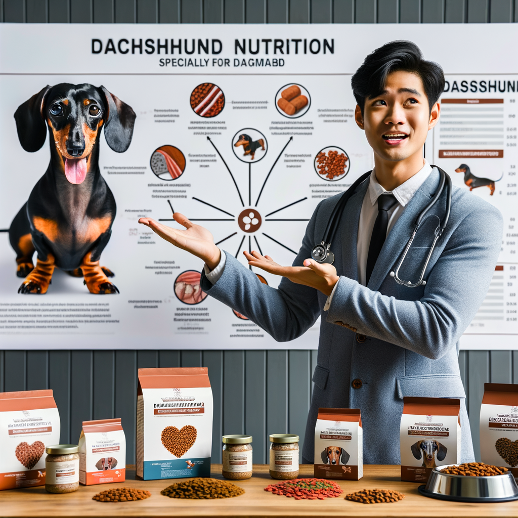 Veterinarian explaining Dachshund dietary requirements with a nutrition chart, showcasing sensitive stomach dog food options, best food for Dachshunds with allergies, and a Dachshund feeding guide addressing stomach issues and health problems.
