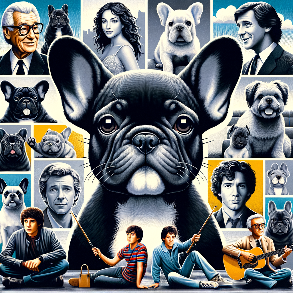 Collage of famous French Bulldogs in movies and TV shows, French Bulldog celebrity owners, and iconic French Bulldog characters in media, highlighting the prominence of French Bulldogs in pop culture and film.