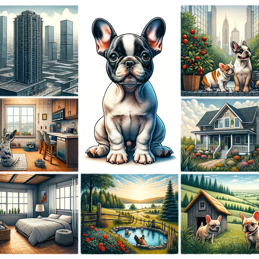 French Bulldog adaptability illustrated in various environments like an urban apartment, suburban house, and countryside farm, showcasing French Bulldog lifestyle, care tips, behavior, and characteristics for adapting to new environments.