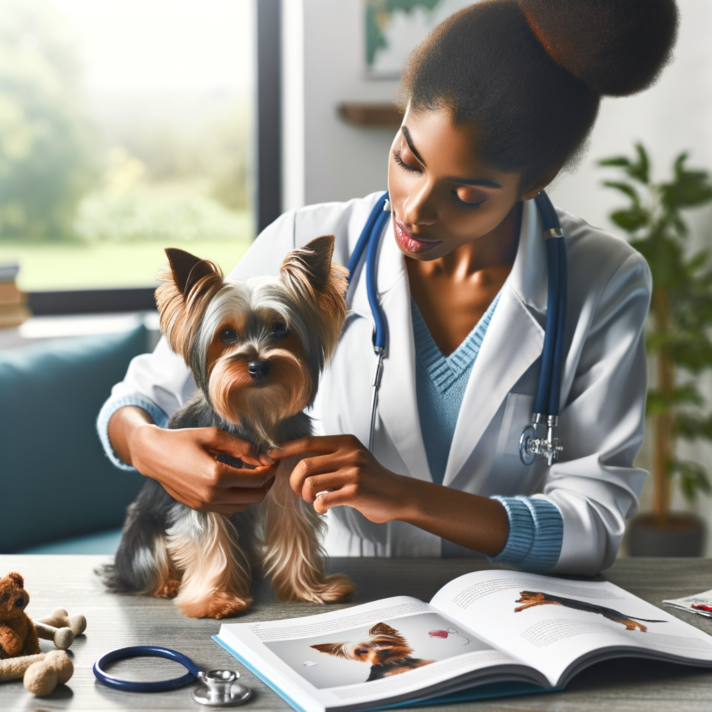 Professional vet providing Yorkshire Terrier care, demonstrating health tips like diet, exercise, and frame protection, with a guidebook on Yorkshire Terrier health issues for overall small dog health.