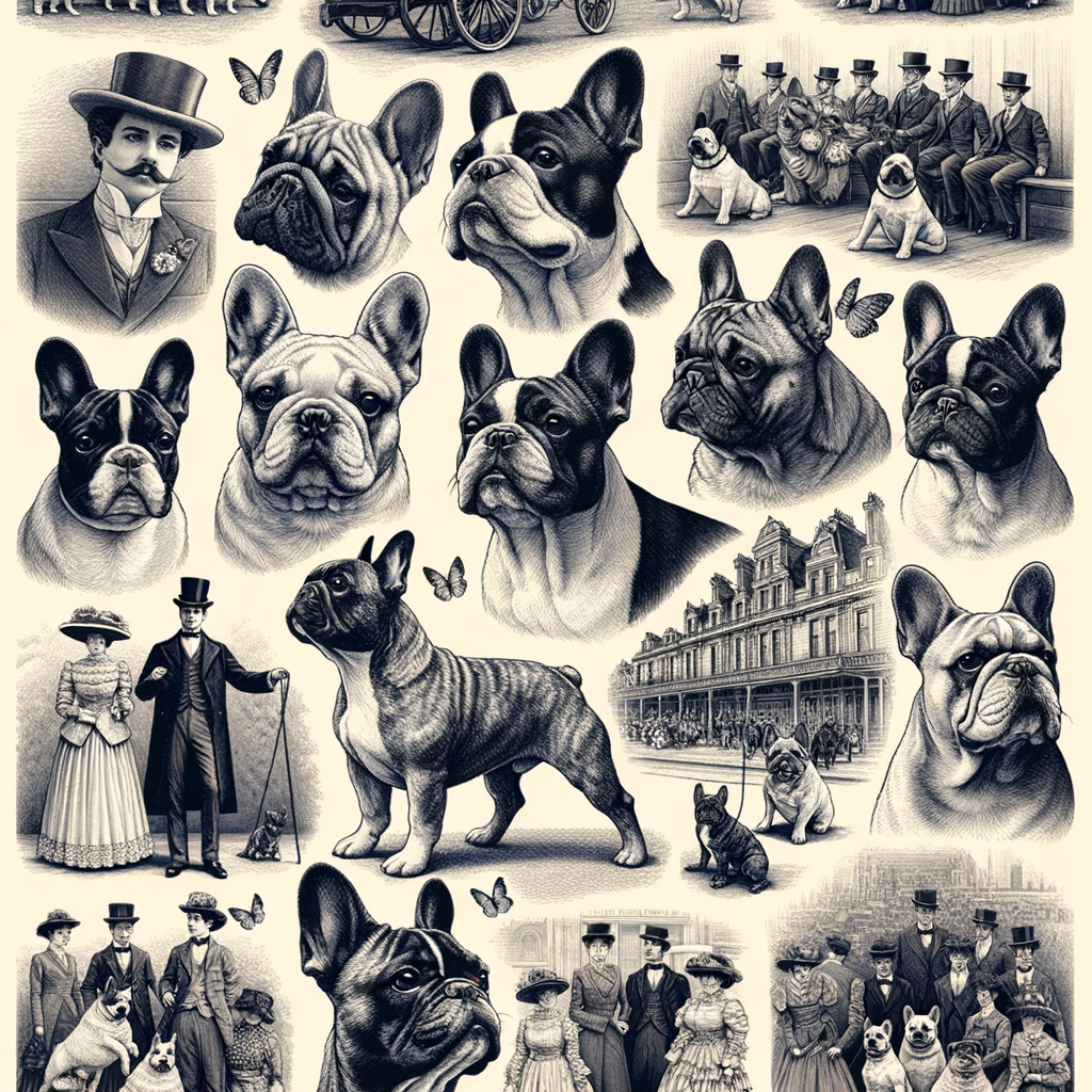 Collage of famous historical French Bulldogs, showcasing notable French Bulldogs in history, owned by celebrities, involved in historical events, and contributing to the breed's popularity.