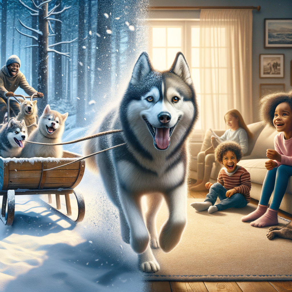 Siberian Husky sled dog transforming into a joyful family pet, illustrating Siberian Husky history and heartwarming Husky pet stories.
