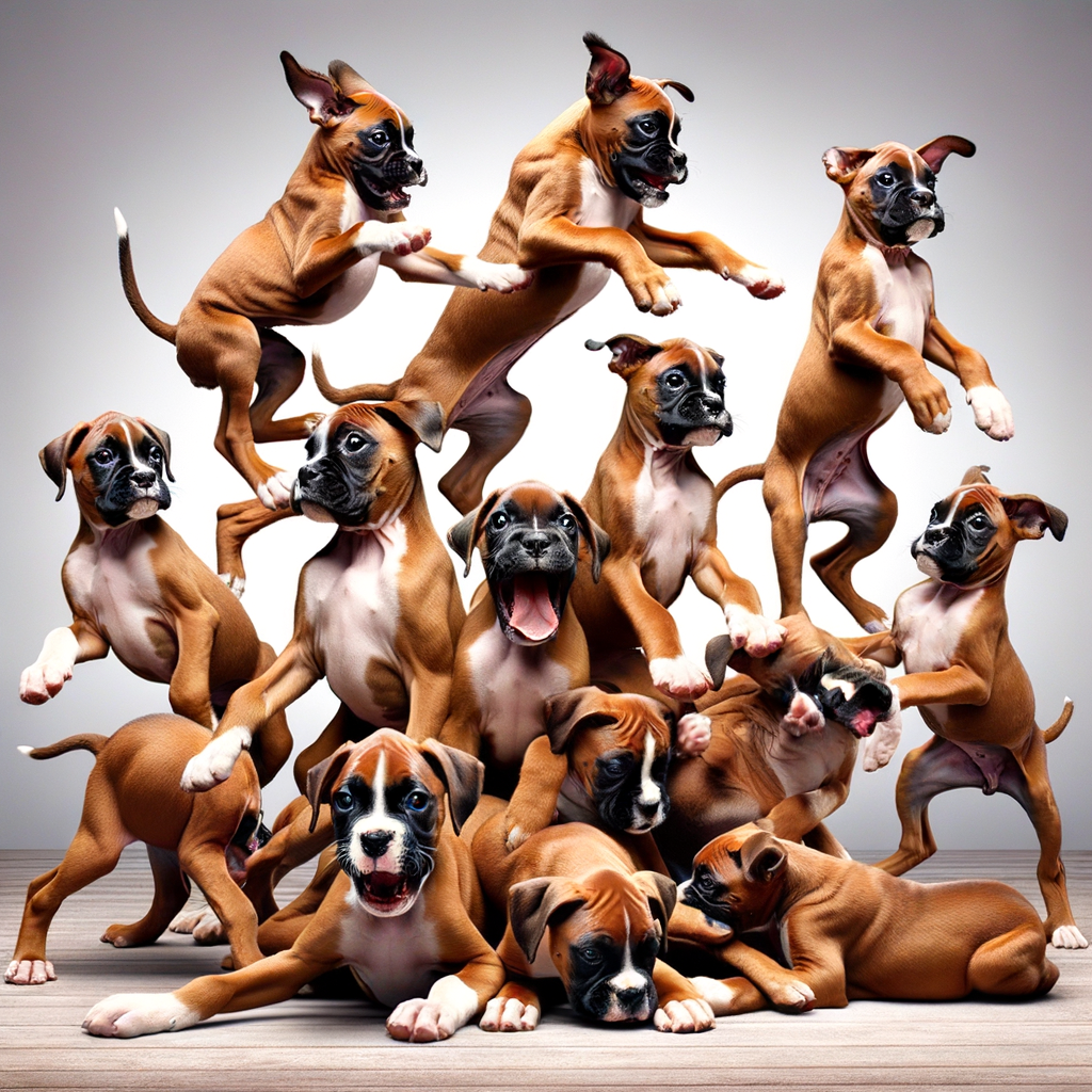 Playful Boxer puppies showcasing Boxer dog humor through their funny behavior, engaging in humorous antics and silly playtime, highlighting funny Boxer dog moments.