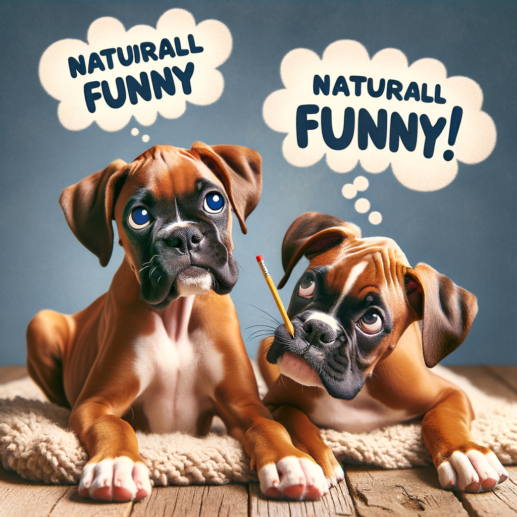Funny boxer puppies showing off their unique boxer breed humor during playful antics, perfectly capturing humorous and silly moments of boxer puppy playtime.