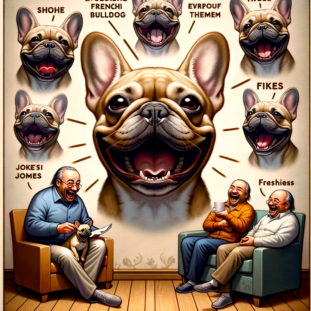 Funny French Bulldog laughing at French Bulldog jokes and memes, showcasing humorous French Bulldog moments and French Bulldog comedy.