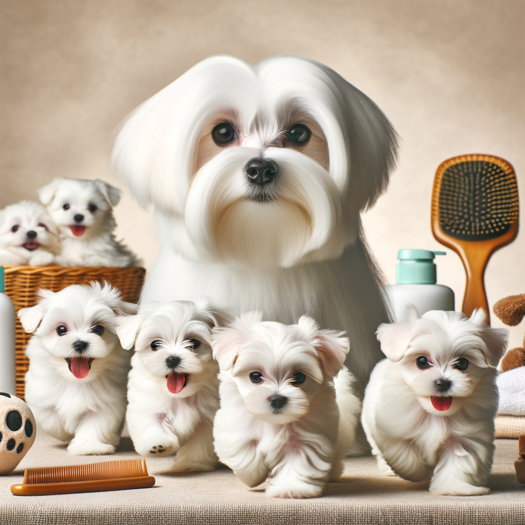 Elegant adult Maltese dog demonstrating breed characteristics while interacting with endearing Maltese puppies, showcasing Maltese breed care, training, and behavior for potential Maltese puppies adoption