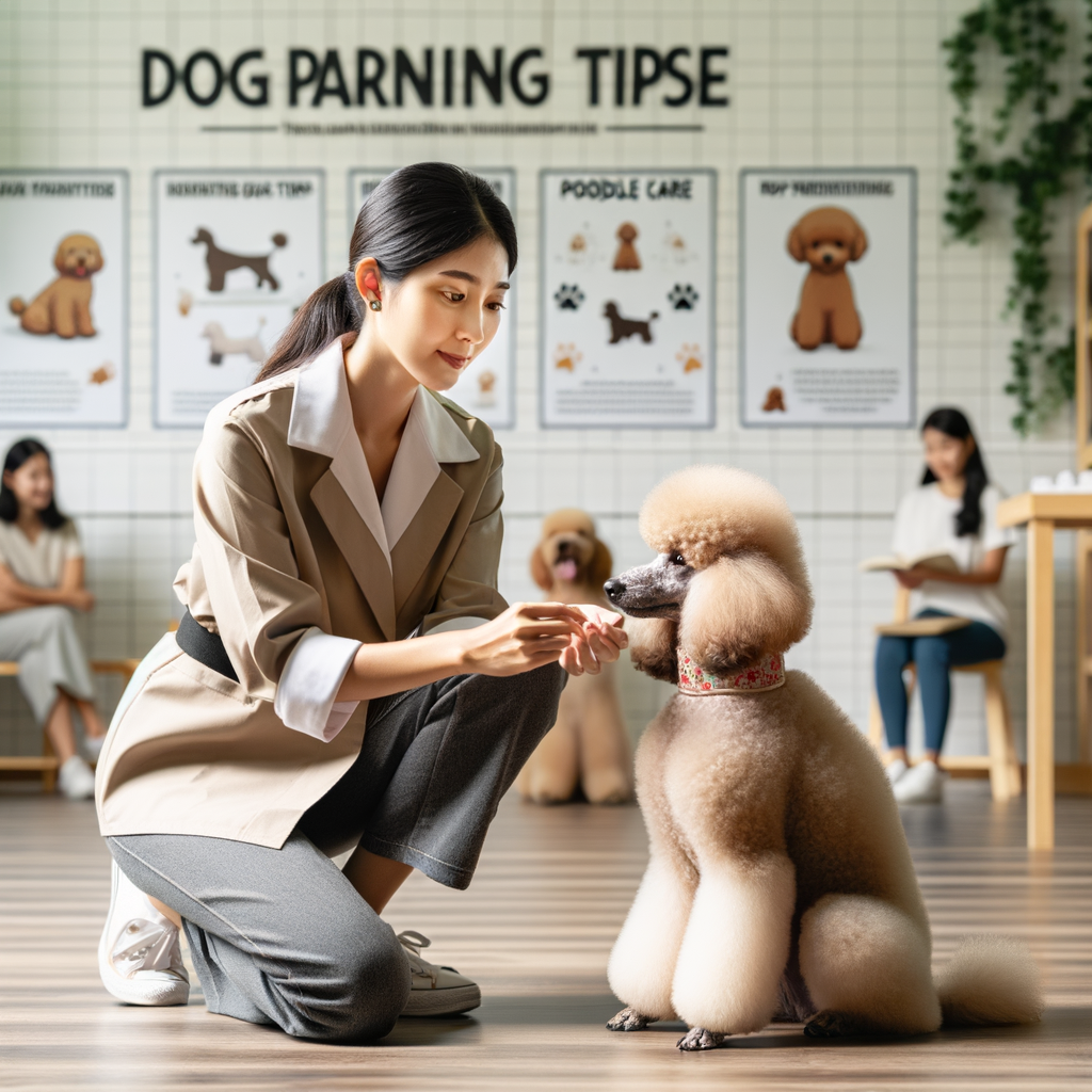 Professional dog trainer demonstrating intelligent poodle training and energy management techniques, with visible poodle care tips and poodle parenting guide in the background for raising intelligent and energetic poodles.
