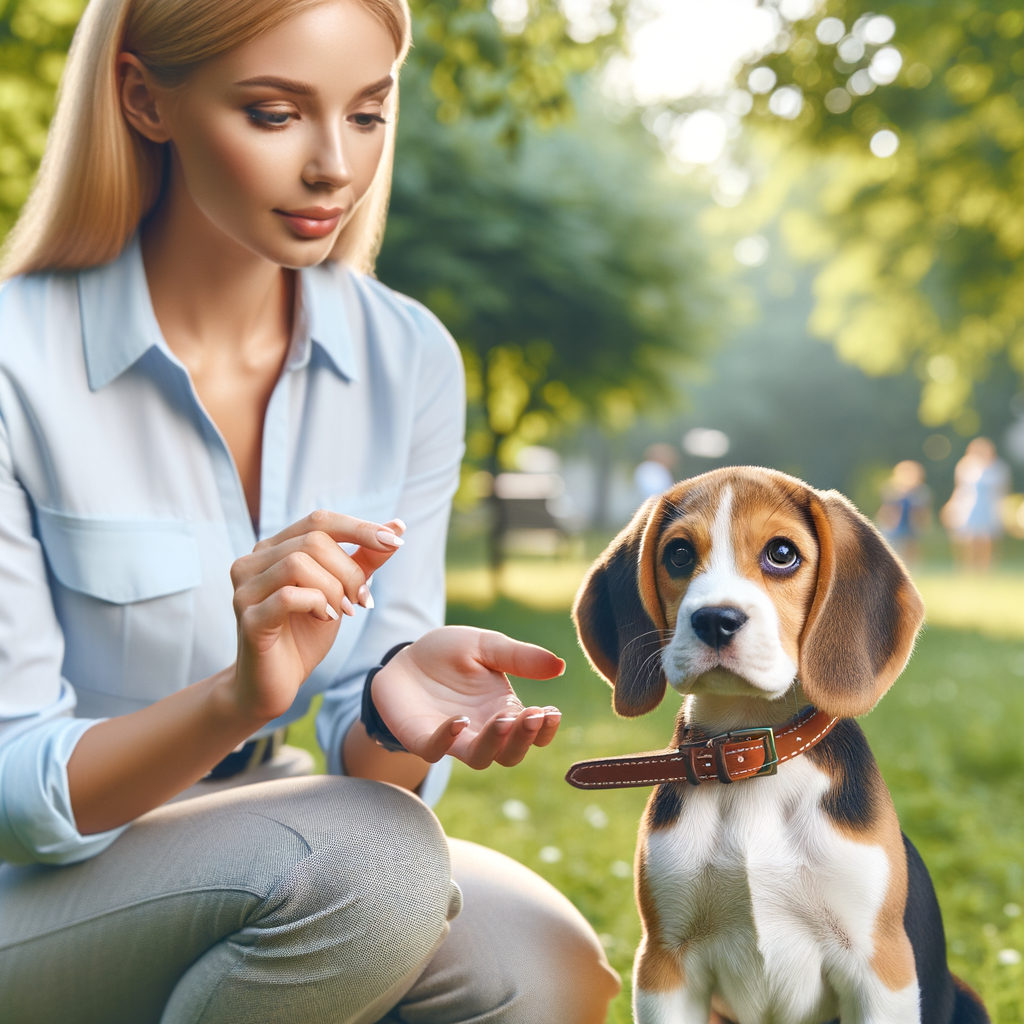 Professional dog trainer implementing Beagle obedience training techniques in a park to address Beagle behavior problems, showcasing effective Beagle puppy training tips.