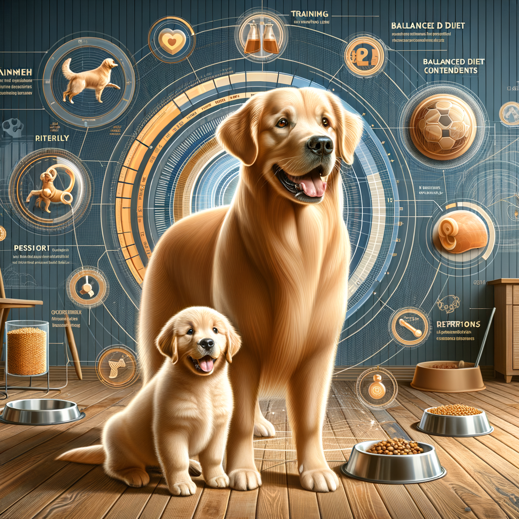 Healthy, well-groomed Golden Retriever demonstrating positive behavior in a home environment, with a Golden Retriever puppy in the background, showcasing aspects of Golden Retriever care, training, diet, health, lifespan, grooming, breed information and their popularity as pets.