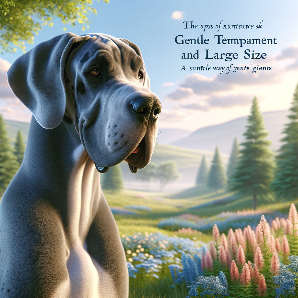Majestic Great Dane showcasing gentle temperament and large size, highlighting Great Dane characteristics and aspects of caring for and training Great Dane puppies in a serene outdoor setting.