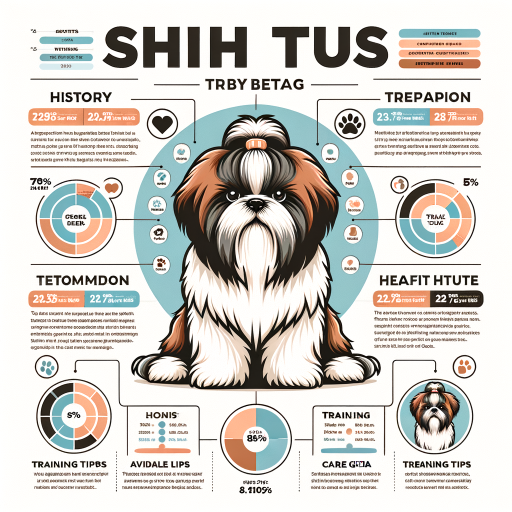 Infographic detailing Shih Tzus breed history, characteristics, grooming, temperament, health issues, training, lifespan, origin, and comprehensive care guide for the regal toy breed.