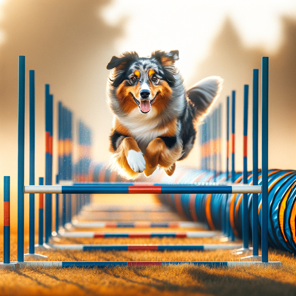 Enthusiastic Australian Shepherd showcasing high energy levels during agility training, demonstrating the importance of effective Australian Shepherd training techniques for energetic dog breeds.