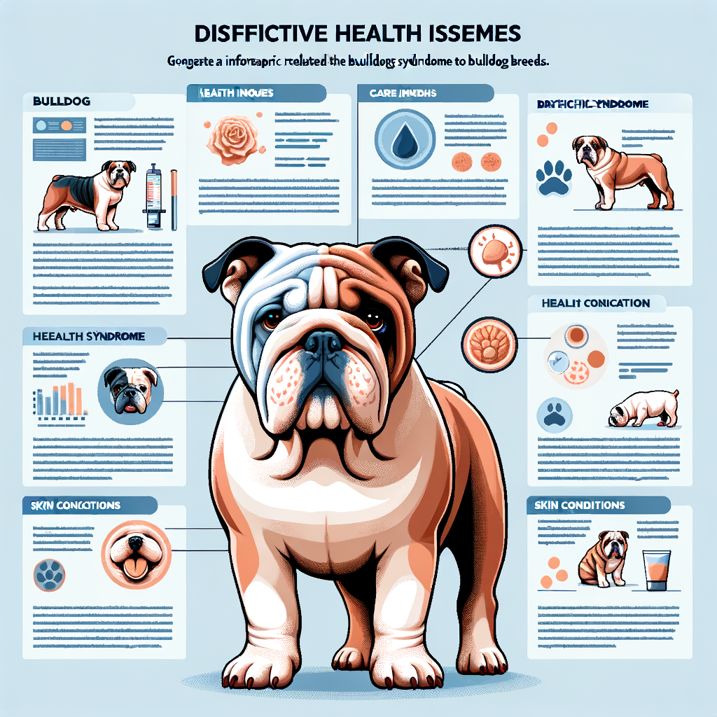 Infographic detailing Bulldog breeds health guide, highlighting Brachycephalic concerns, Bulldog skin care tips, and prevention strategies for common Bulldog health issues.