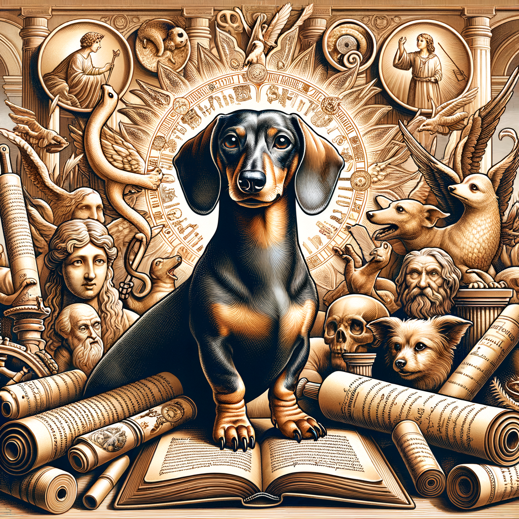Artistic illustration of a Dachshund in historical settings, surrounded by ancient scrolls and books, representing Dachshund history, myths, stories, and folklore.