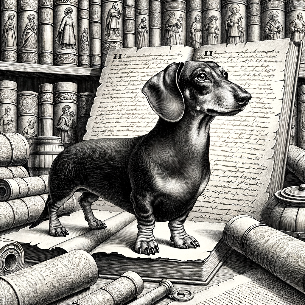 Artistic illustration of a Dachshund in a historical setting, surrounded by ancient scrolls and books, representing Dachshund history, myths, stories, and folklore for an article on 'Dachshund Legends: Myths and Stories from History'.