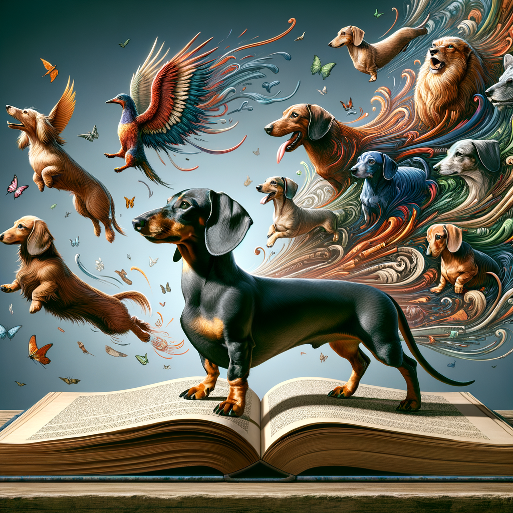 Dachshund standing on an open book illustrating Dachshund history, myths, stories, and legends from various eras, showcasing the significant role of the Dachshund breed in history.