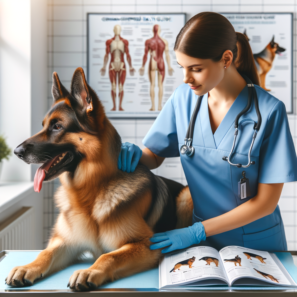 Veterinarian performing a German Shepherd health check, addressing common health issues like hip dysplasia, with a 'German Shepherd Health Guide' book in the background