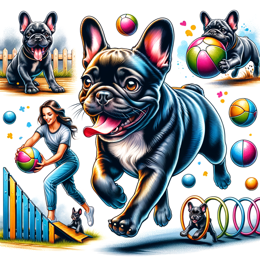 French Bulldog engaging in fun activities and games, including fetching, agility course running, and training games, highlighting the importance of playtime, exercise, and fun times for a French Bulldog's well-being.