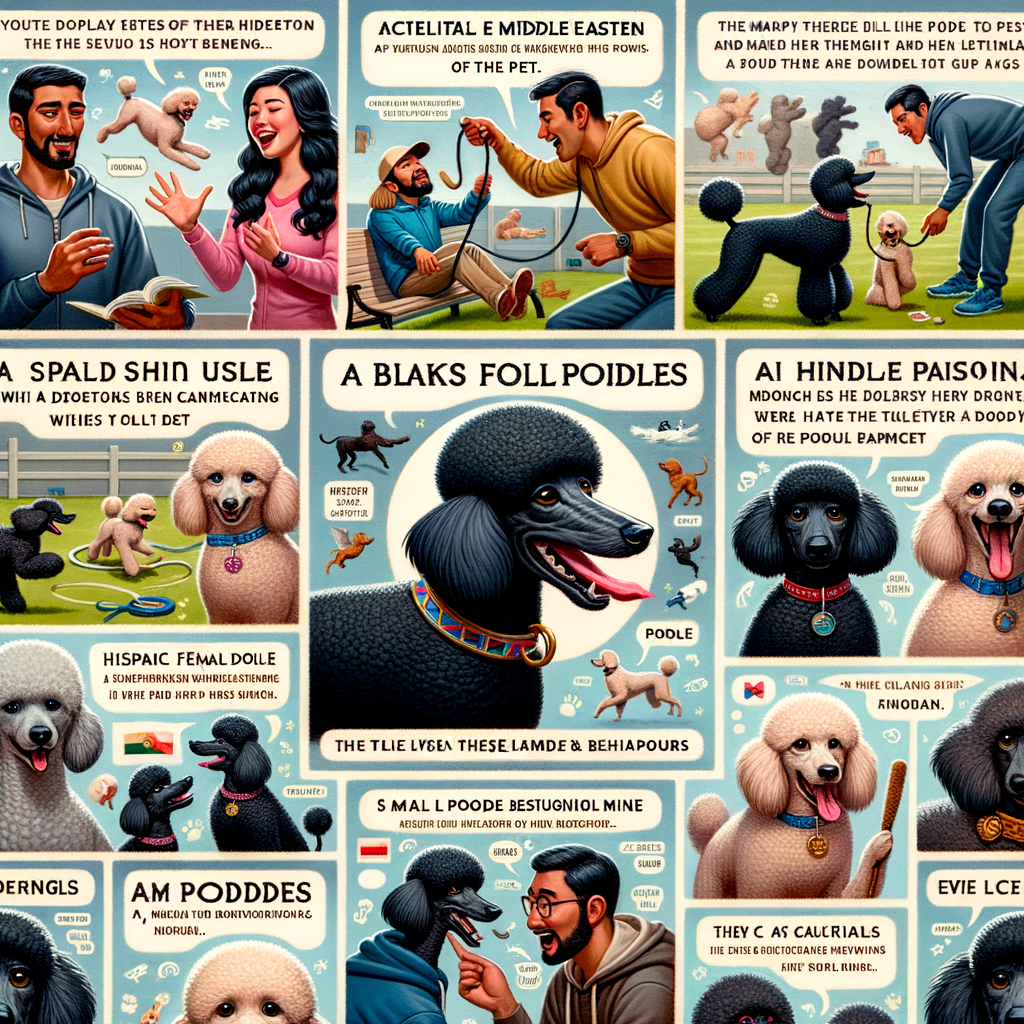 Collage illustrating Poodle behavior traits, Poodle characteristics, Poodle owner experiences, Poodle temperament, and Poodle breed personality with text bubbles sharing Poodle owner stories and tales of Poodle behavior.