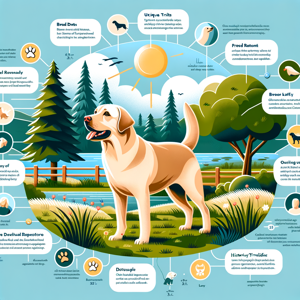 Playful Labrador Retriever in nature, infographic showcasing surprising Labrador Retriever facts, breed information, unique traits, historical trivia, and friendly behavior.