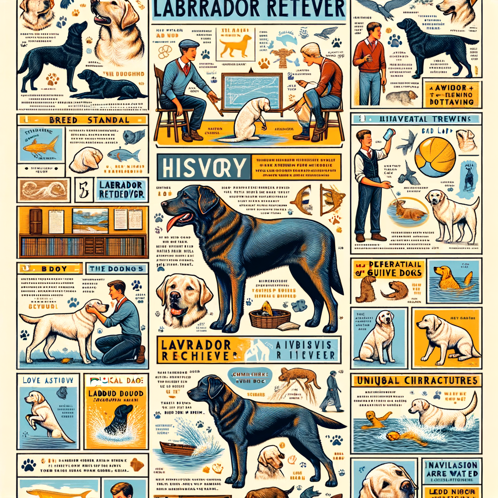Engaging collage highlighting Labrador Retriever facts, surprising trivia about Labs, their unique characteristics, behavior, history, and interesting traits for an article on Lab breed information.