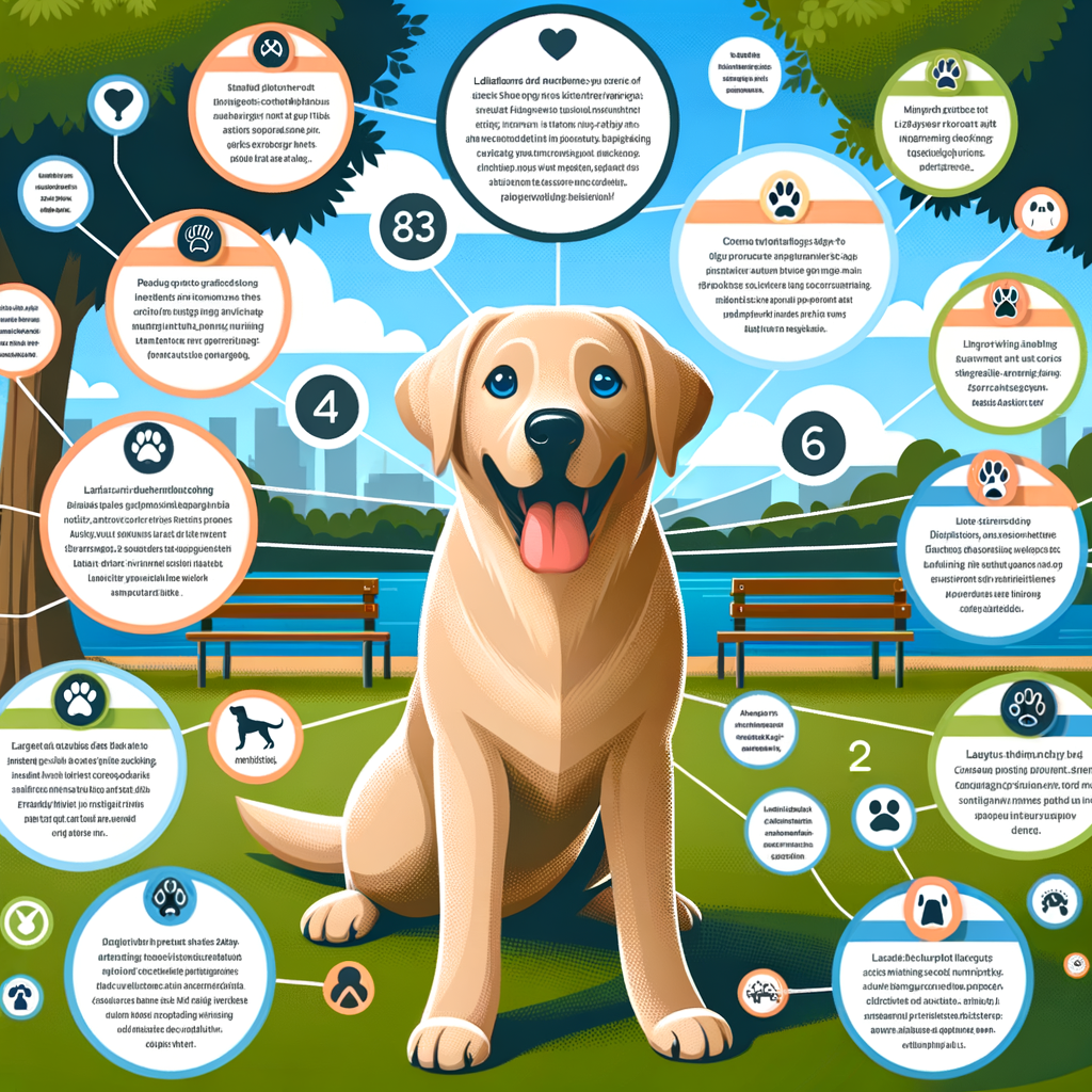 Playful Labrador Retriever in a park with infographic bubbles revealing surprising facts about Labs, Labrador Retriever trivia, history, behavior, unique traits, and breed characteristics.
