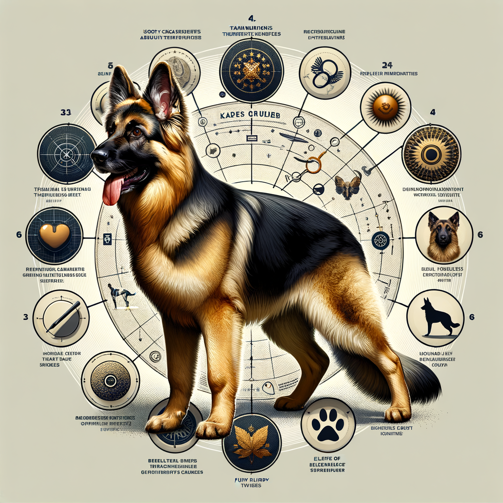 Infographic of noble German Shepherd breed showcasing its characteristics, history, and breed information, along with a German Shepherd care guide, training tips, health issues, and puppy care for a comprehensive German Shepherd 101 guide.