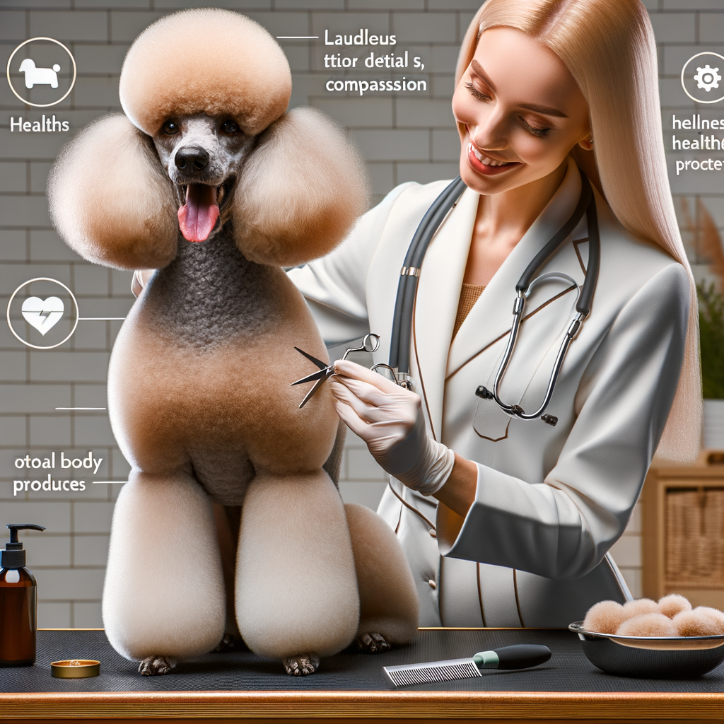 Professional groomer applying coat care products on a healthy poodle, demonstrating poodle health, vibrant poodle coat maintenance, and body wellness tips.