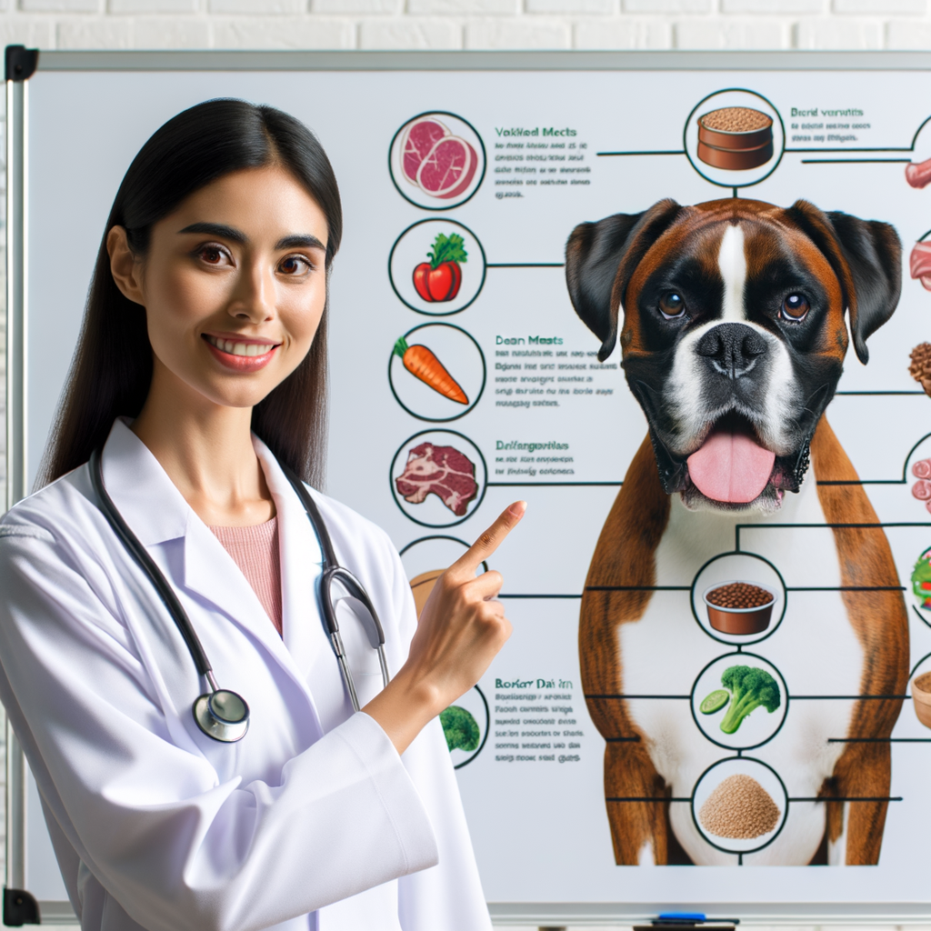 Veterinarian explaining Boxer breed diet and nutrition balance on a whiteboard, showcasing a healthy diet plan and food guide for Boxer dogs.