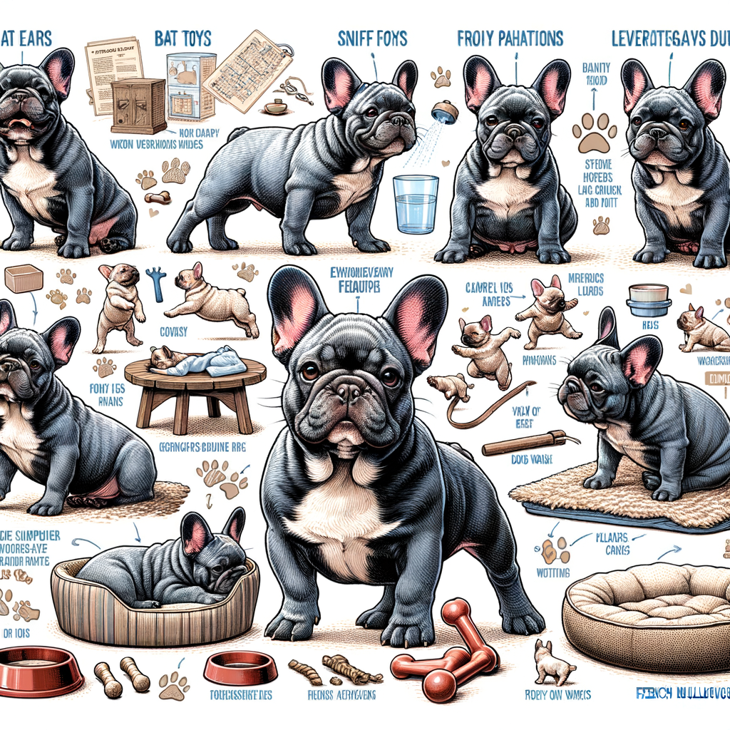 Illustration of French Bulldogs showcasing their unique habits, quirky behavior patterns, distinct personality traits, and care elements, providing insight into understanding French Bulldogs.