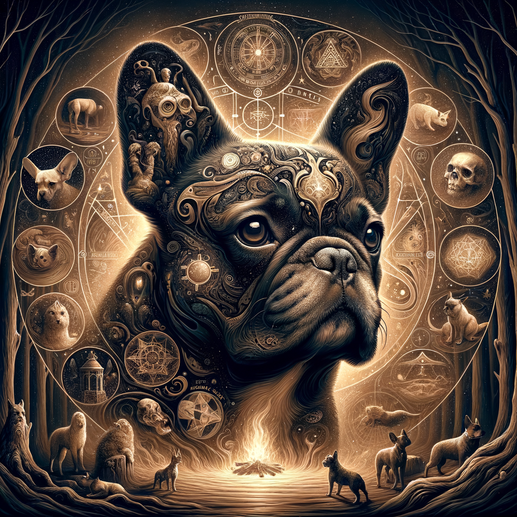 Enchanting illustration of a French Bulldog amidst symbols of French Bulldog myths, folklore, and superstitions, referencing traditional stories and legendary tales about French Bulldogs.