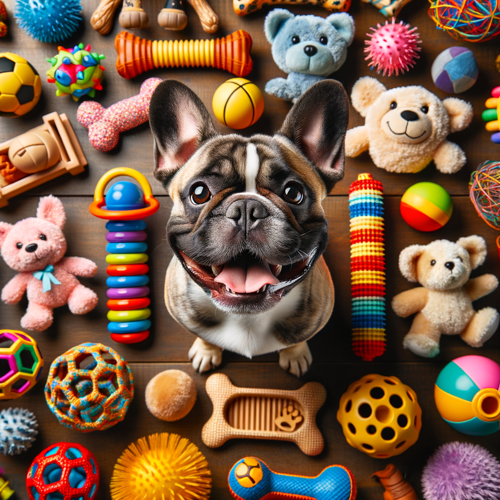 Happy French Bulldog with durable chew toys, interactive puzzle toys, and soft plush toys for safe and engaging playtime.